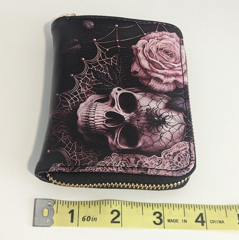 Skullette Brand Pink Skull Roses & Spider Vegan Leather Wallet New! - Picture 9 of 12